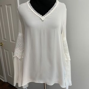 NWT Kobi Halperin Christine Lace Flare Sleeve Blouse White eyelet pleated silk S